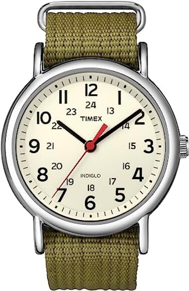 Timex Unisex Weekender 38mm Watch SilverTone Case Cream Dial with Olive Fabric SlipThru Strap