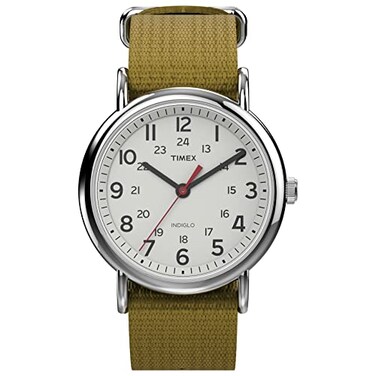 Timex Unisex Weekender 38mm Watch SilverTone Case White Dial with Olive Fabric SlipThru Strap