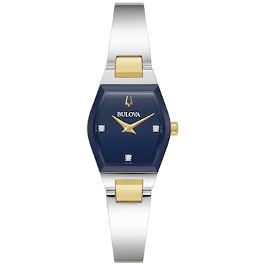 Bulova Ladies Modern Gemini Diamond Silver and Gold Stainless Steel WatchTonneau Shape Blue Dial Model 98P218