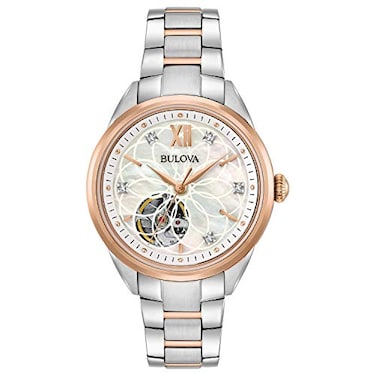 Bulova Ladies Sutton TwoTone Rose Gold 3Hand Automatic Open Aperture and White MotherofPearl Dial with Diamonds Style 98P170