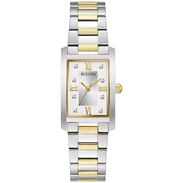 Bulova Ladies Classic Diamond TwoTone Stainless Steel 3Hand Quartz Watch Rectangle Silver Dial Style 98P205