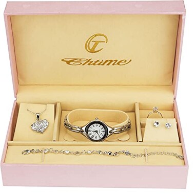 BELLOS Gift Set Womens Watch Silver Jewelry set NecklaceRing Earrings Band