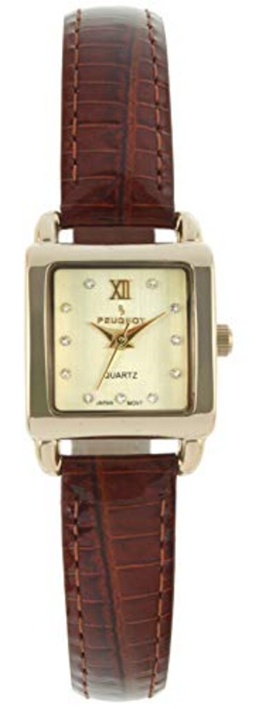 Peugeot 3034BR Ladies Mini Square Gold Tone Crystal Accented Brown Leather Strap Watch Brown