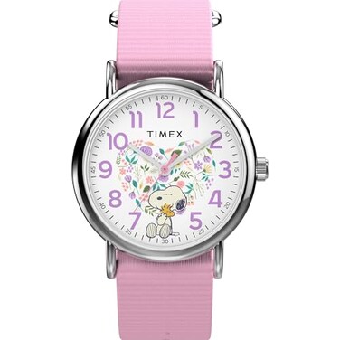 Timex x Peanuts Womens Weekender in Bloom 31mm Watch Pink Strap White Dial SilverTone Case