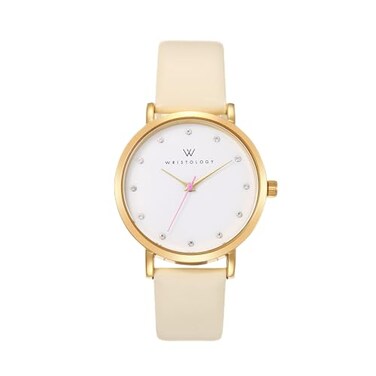 Wristology Maxi Easy Change Band Womens Gold Watch Crystal Beige Genuine Leather Interchangeable Strap Large Easy to Read with Second Hand for Men Nurses Teachers OC010