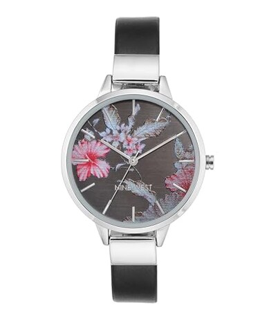 Nine West Womens SilverTone and Black Strap Watch
