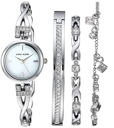 Anne Klein Womens Premium Crystal Accented SilverTone Watch and Bracelet Set