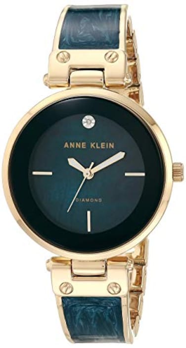 Anne Klein Womens AK2512NVGB DiamondAccented GoldTone and Navy Blue Marbleized Bangle Watch