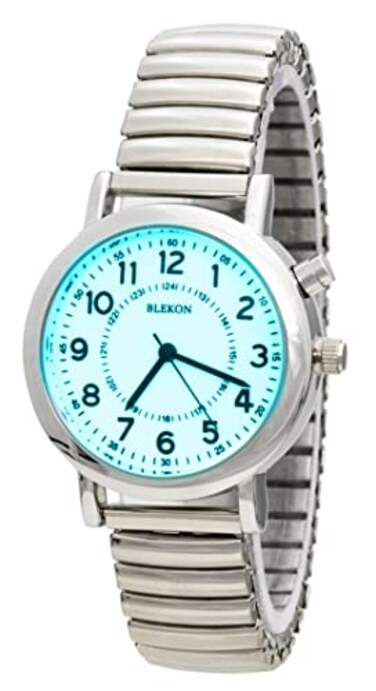 Blekon Womens Light Up Dial Watch Analog Display 33mm Metal Case Push Button Glossy Expansion Band White Silver