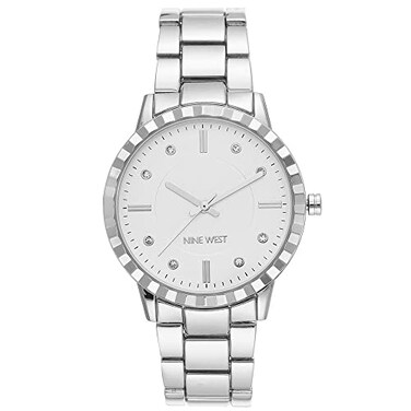 Nine West Womens NW2283SVSV Crystal Accented SilverTone Bracelet Watch