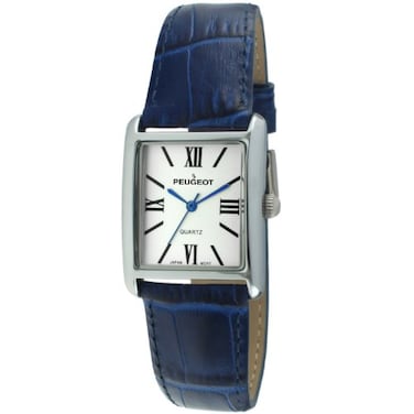 Peugeot Womens SilverTone Tank Shape Leather Dress Watch with Roman Numerals Blue