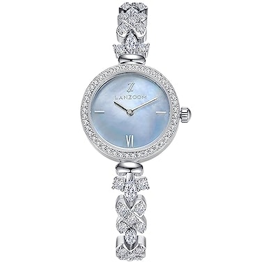 LANZOOM Womens Quartz Watch Silver Round Diamond Blue Nacre Dial Adjustable Jewelry Clasp with ZirconiaEncrusted Strap 3ATM Water Resistance