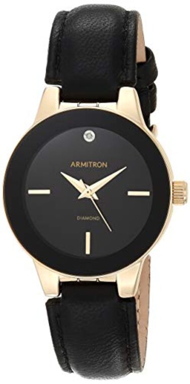 Armitron Womens 755410BKGPBK DiamondAccented GoldTone and Black Leather Strap Watch