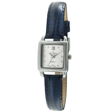 Peugeot 3034BR Ladies Mini Square Gold Tone Crystal Accented Brown Leather Strap Watch Blue Silve