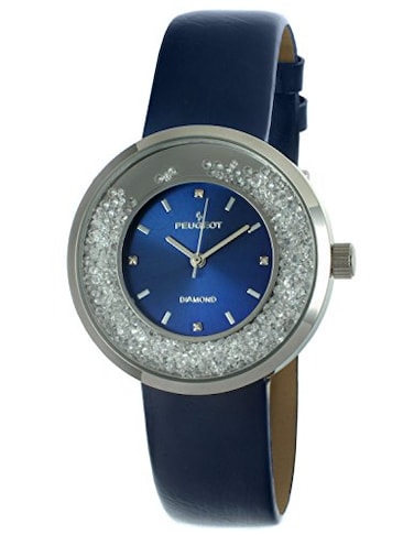 Peugeot Women Round Dress Watch Slim Thin Case with Floating Genuine Diamond CZ and Leather Strap