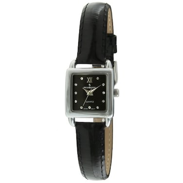 Peugeot 3034BR Ladies Mini Square Gold Tone Crystal Accented Brown Leather Strap Watch Black