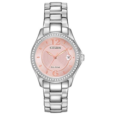 Citizen Womens EcoDrive Dress Classic Crystal Watch in Stainless Steel Pink Dial Model FE114086X