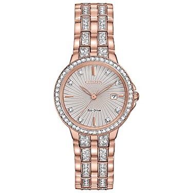 Citizen Womens EcoDrive Dress Classic Crystal Watch in Rosetone Stainless Steel Silver Dial Model EW234856A