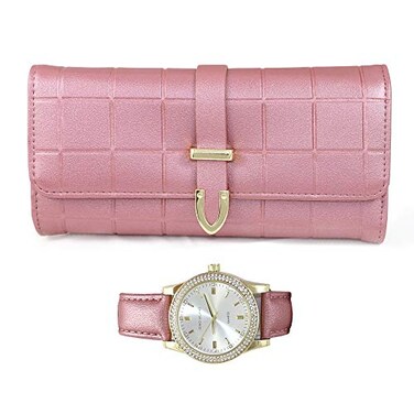 Gino Milano Womens Gold Leather Band Watch Matching TriFold Wallet Set Blush