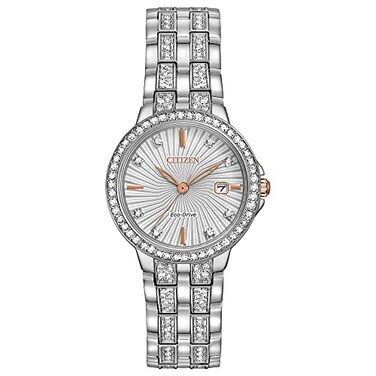 CITIZEN Womens EcoDrive Dress Classic Crystal Watch in Stainless Steel SilverTone Dial Model EW234058A