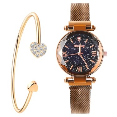 Fungorgt Womens Analog Watch with Stainless Steel Mesh Band 34mm Dial 43g Weight 8mm Thickness Adjustable Band Length Water Resistant Magnetic Movement