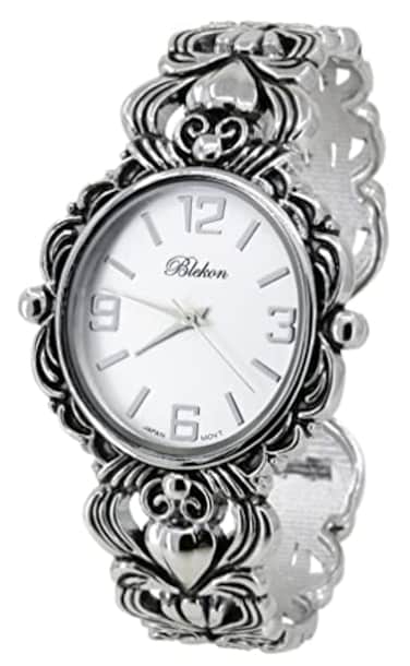 Blekon Collections Japanese Quartz Womens 35mm Case Egyptian Style Concho Cuff Bangle Watch Silver