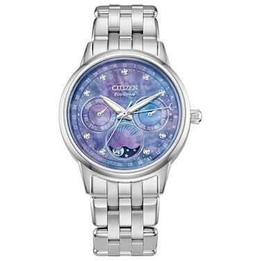 Citizen Womens EcoDrive Calendrier Moon Phase Diamond Accents Dial SilverTone Stainless Case and Bracelet Watch Model FD000052N