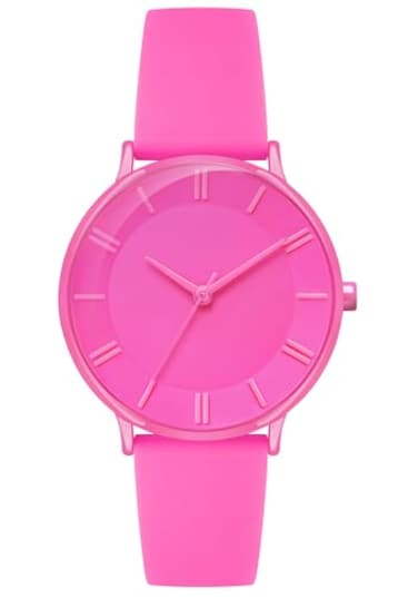 Bisley 38mm Pink Watch for Women Silicone Strap Rainbow Dial Easy Reader Wrist Watch for Ladies