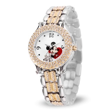Disney Mickey Mouse Watch Stylish Fun Mickey Mouse Watches for Women Classic Inspired Timepiece Womens Watch with White Dial Floating Stones Multicolor Stainless Steel Strap
