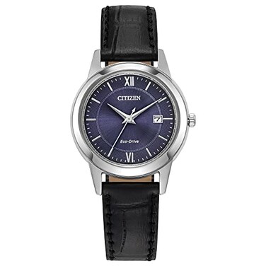 Citizen Ladies EcoDrive Classic Leather Strap Watch with 3Hand Date Black StrapSilverBlue Dial