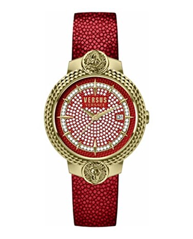 Versus Versace Mouffetard Crystal Womens Watch 38mm Gold Tone Case Red Crystal Dial Red Leather Strap Quartz Movement Date Window 3 ATM Water Resistant