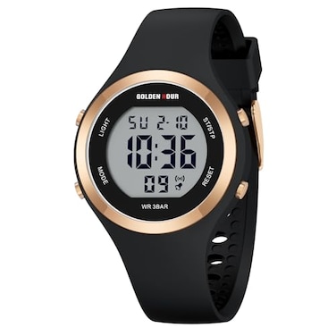 GOLDEN HOUR Waterproof Sport Womens Digital Chronograph Silicone Strap Watch in Black