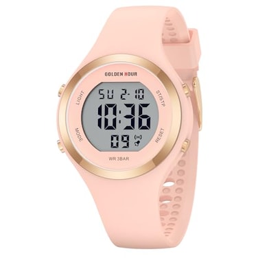 GOLDEN HOUR Waterproof Sport Womens Digital Chronograph Silicone Strap Watch in Champagne