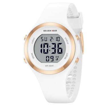 GOLDEN HOUR Waterproof Sport Womens Digital Chronograph Silicone Strap Watch in White