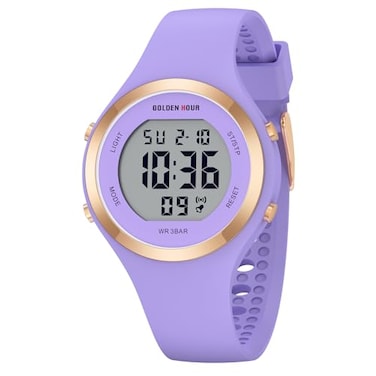 GOLDEN HOUR Waterproof Sport Womens Digital Chronograph Silicone Strap Watch in Purple