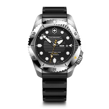 Victorinox Dive Pro Automatic 43mm Watch with Silver Stainless Steel Case Silver Stainless Steel Bezel Black Dial and Black Rubber Strap