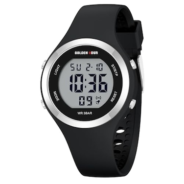 GOLDEN HOUR Waterproof Sport Womens Digital Chronograph Silicone Strap Watch in Silver Black