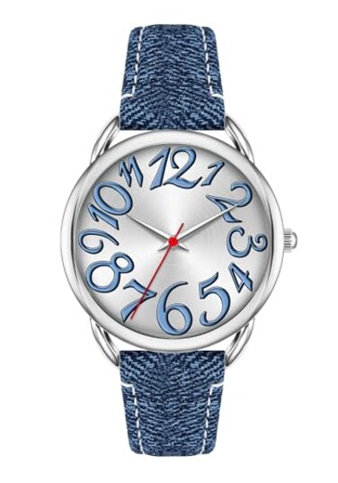 Bisley Women Watch Big Arabic Numbers Dial Easy to Read Blue Denim Leather Strap Watch