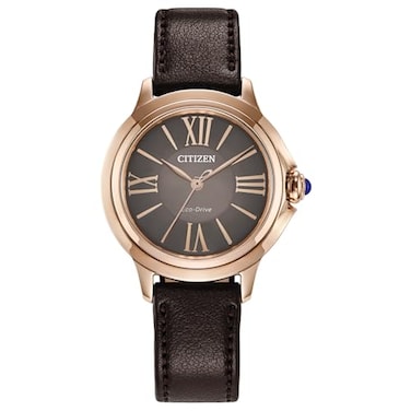 Citizen Womens EcoDrive Ceci Rose GoldTone Stainless Steel Watch Brown Apple Leather Strap 3 Hand Brown Dial Model EM116309X