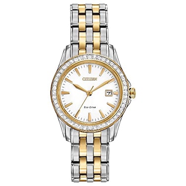 Citizen Womens EcoDrive Dress Classic Crystal Watch in TwoTone Stainless Steel Silver Dial 28mm Model EW190859A