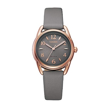 CITIZEN Womens EcoDrive Dress Classic Watch in RoseTone Stainless Steel with Grey Leather Strap Grey Dial Model FE121805H