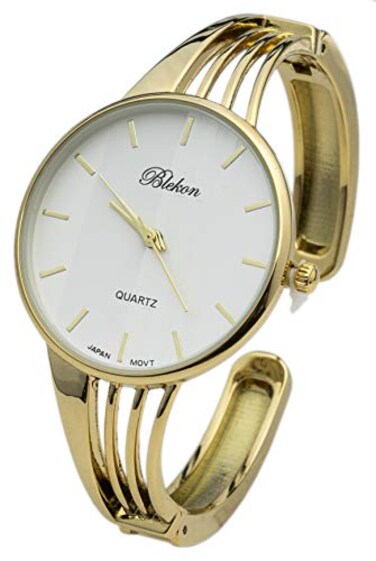 Blekon Collections Quartz Womens 34mm Case Elegant Cuff Bangle Watch Gold