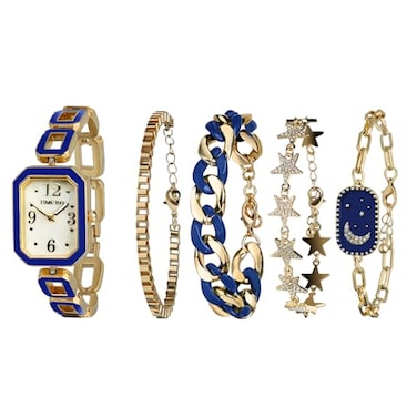 TIME100 Womens Rectangle Watch and Bracelet Set Womens Bracelet Watch Set Blue and Gold
