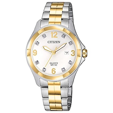 Citizen Quartz Womens Watch Stainless Steel Crystal TwoTone Model EU608457A