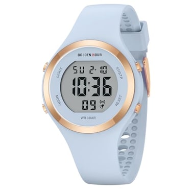 GOLDEN HOUR Waterproof Sport Womens Digital Chronograph Silicone Watch in Rose Gold Dial Light Blue Strap