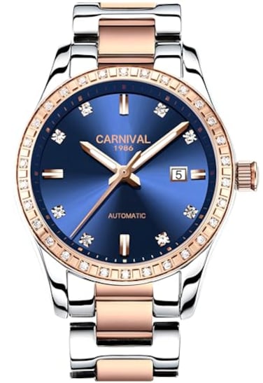 LOREO Luxury Womens Diamond Automatic Mechanical Rose Gold Stainless Steel Sapphire Waterproof Ladys Elegant Blue Watch