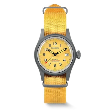 BODERRY Mens Watch Titanium Automatic Field Watch 38mm Military Watch Day Date Function 100M Waterproof with Nylon Strap Japanese NH35 Mechanical Movement Screw Down CrownLANDMASTER