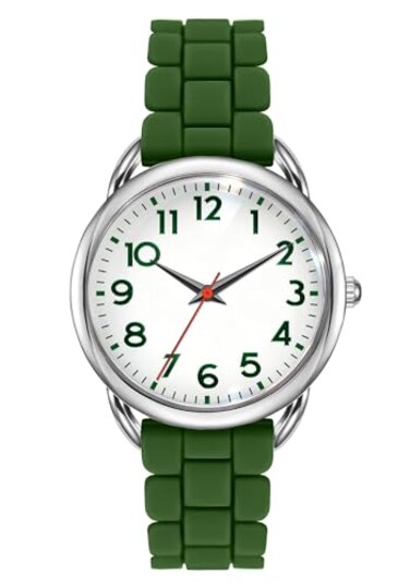 Bisley Women Watch Dark Green Silicone Strap White Dial Easy to Read Watch
