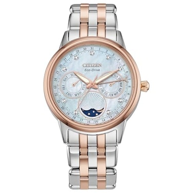 Citizen Womens EcoDrive Calendrier Moon Phase Diamond Accents Dial Pink GoldTone Stainless Case and Bracelet Watch Model FD000656D