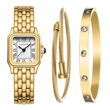 CHEETAH Womens Gold Bangle Watch and Bracelet Set Small Vintage Roman Dial in White